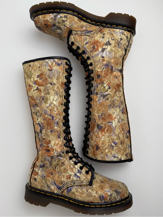 Dr. Martens Shoes - Vintage Dr. Martens England Burlap Floral Lace Fabric Tall Boho MIE Boots UK 5